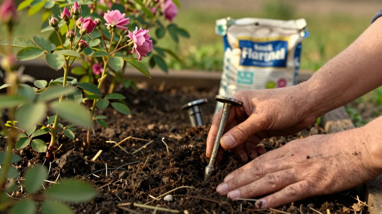 Mãos plantando rosa em jardim com pacote de fertilizante ao fundo.