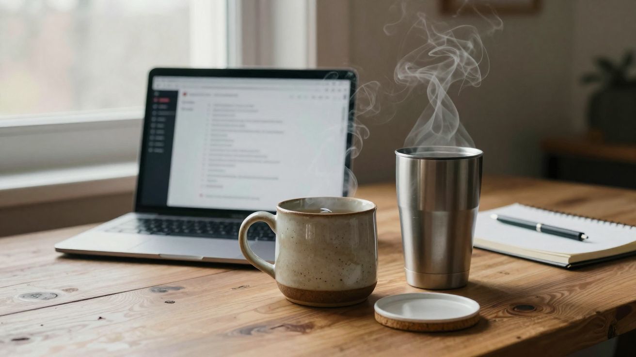 Mesa de madeira com laptop, caderno, caneta, caneca e copo térmico com vapor de bebida quente.