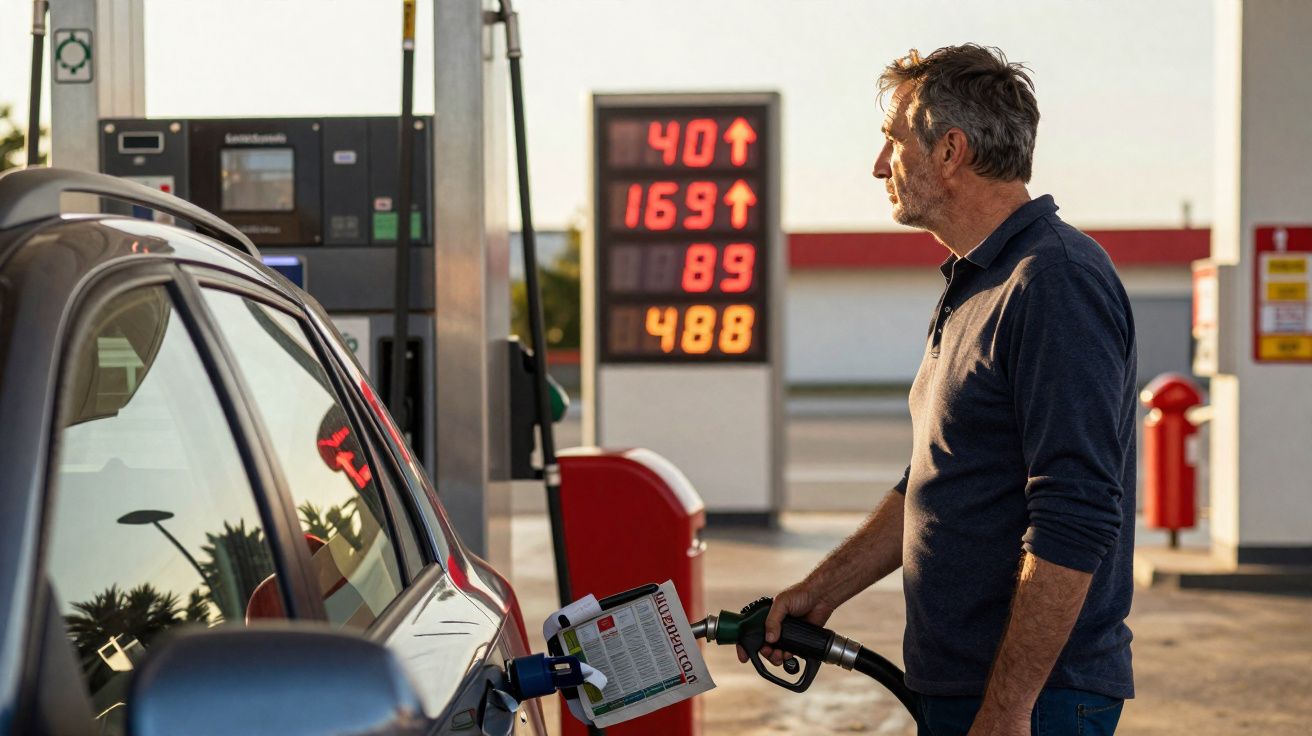 Homem abastecendo carro em posto de gasolina com placa eletrônica exibindo preços ao fundo.