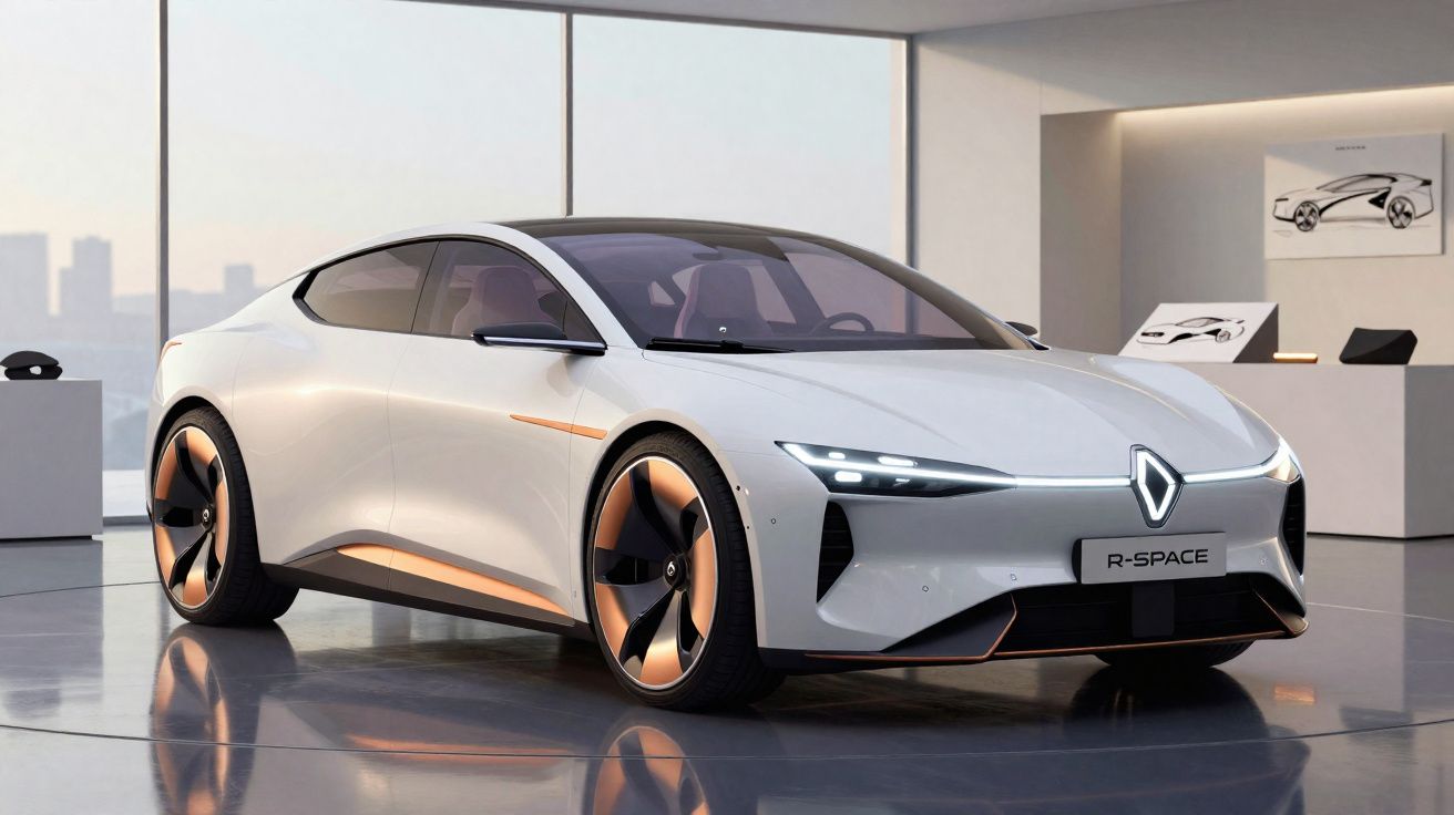 Carro conceito elétrico branco Renault R-Space exposto em sala com grandes janelas e iluminação natural.