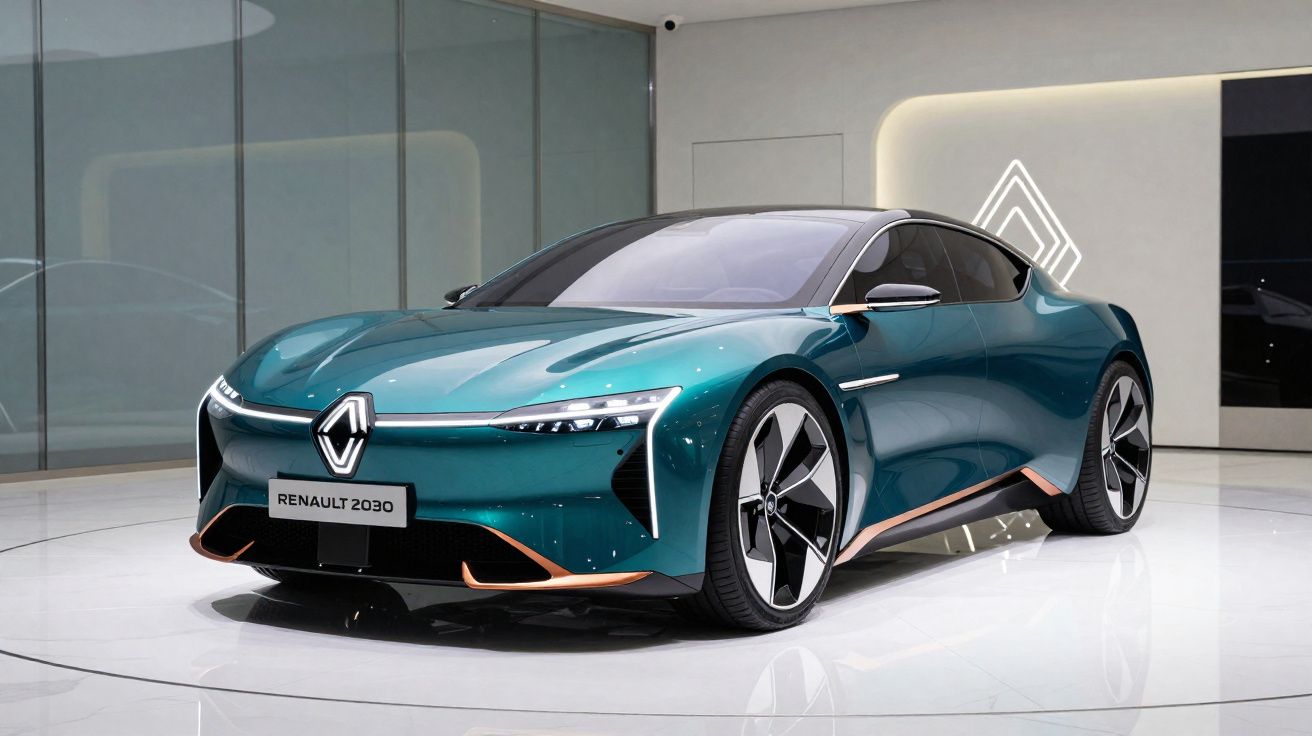 Carro-conceito elétrico verde Renault 2030 exibido em ambiente moderno e iluminado.