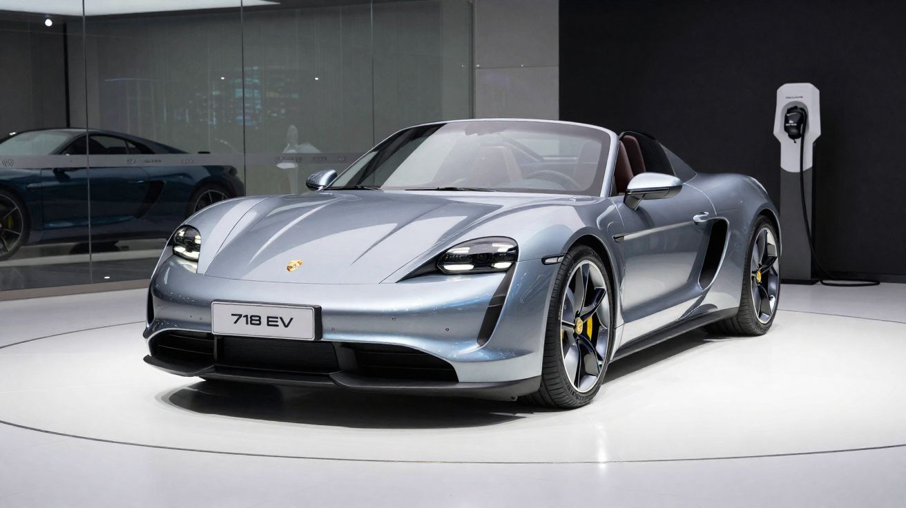 Carro esportivo elétrico Porsche 718 EV cinza exposto em showroom branco com estação de recarga.