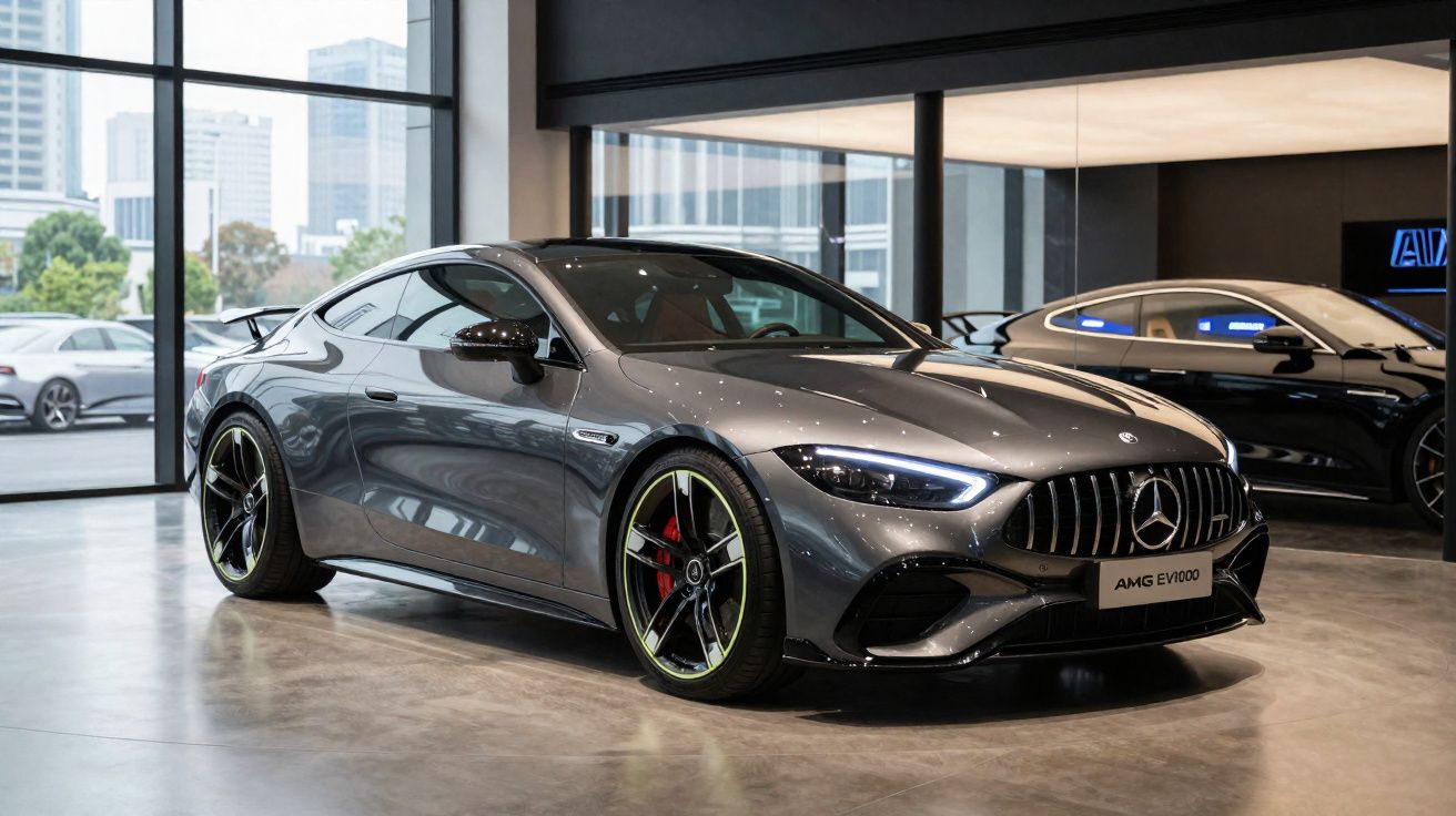 Carro esportivo Mercedes-AMG EV1000 cinza estacionado em showroom moderno com vidro, luz natural e outros carros ao fundo.