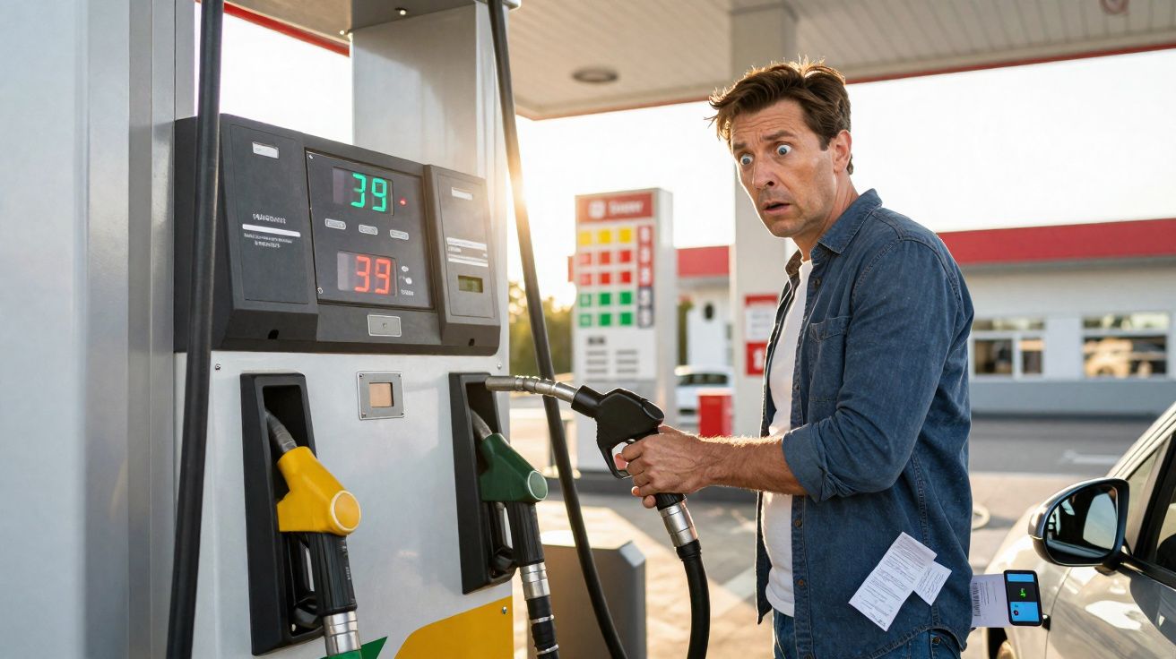 Homem surpreso abastecendo carro em posto de gasolina com mostrador marcando 3,9 litros.