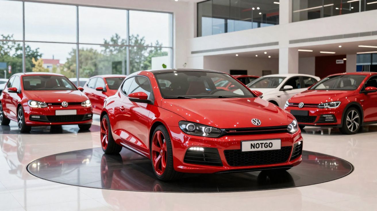 Carro esportivo vermelho Volkswagen em destaque dentro de showroom moderno com outros veículos ao fundo.