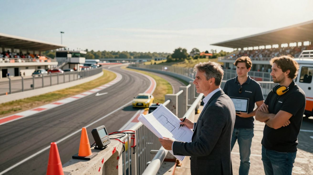 Engenheiro com equipe analisa dados em anotações na pista de corrida com carros ao fundo.