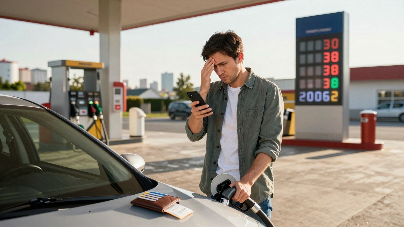 Homem preocupado checando celular enquanto abastece carro em posto de gasolina.