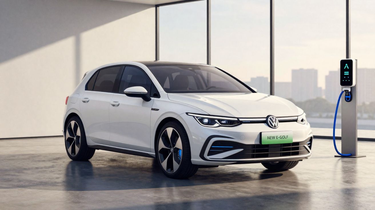 Carro elétrico branco Volkswagen E-Golf estacionado em ambiente moderno com estação de recarga ao lado.