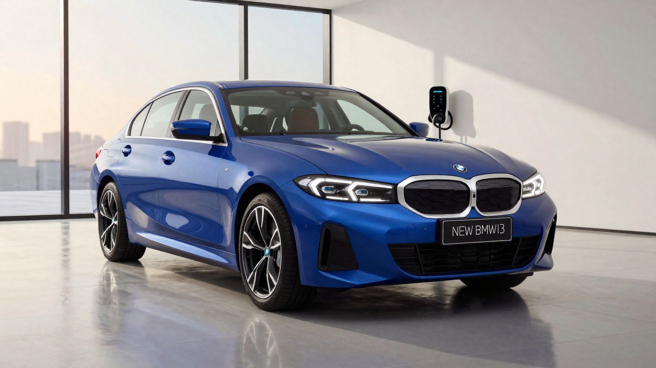 Carro elétrico BMW i3 azul sendo carregado em estação interna com janela e luz natural.