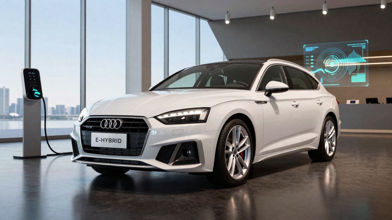 Carro branco Audi E-Hybrid conectado a carregador em ambiente moderno e com gráficos digitais ao fundo.