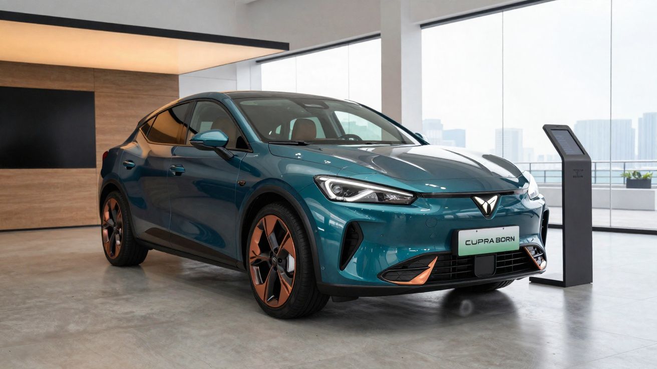Carro elétrico Cupra Born azul com detalhes em cobre em exposição em ambiente interno moderno.