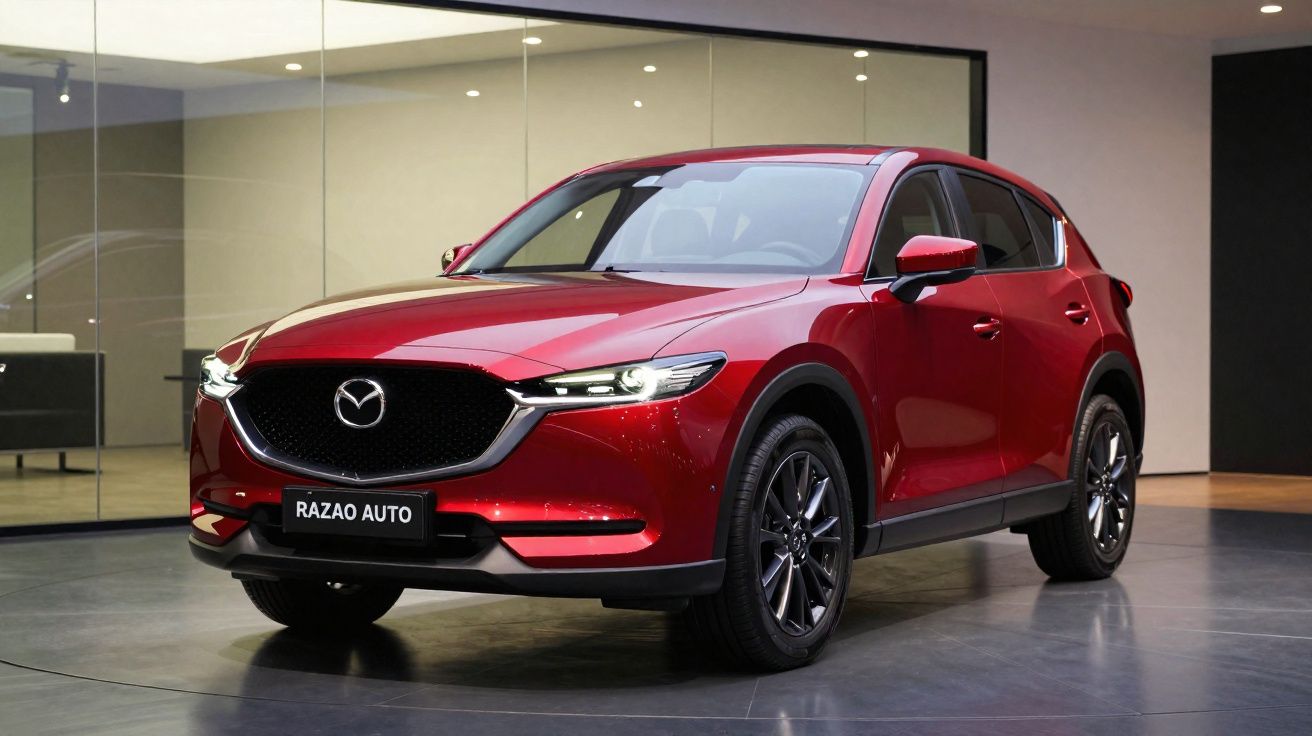 Carro SUV vermelho Mazda estacionado em ambiente interno com piso reflexivo e parede de vidro ao fundo.