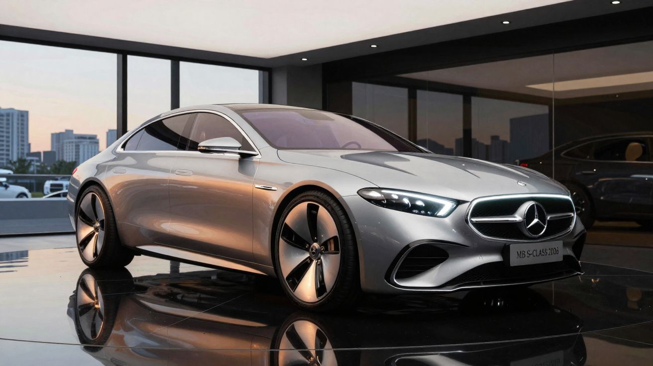 Carro sedan prata Mercedes-Benz S-Class 2024 exibido em showroom moderno com vidro e iluminação externa.