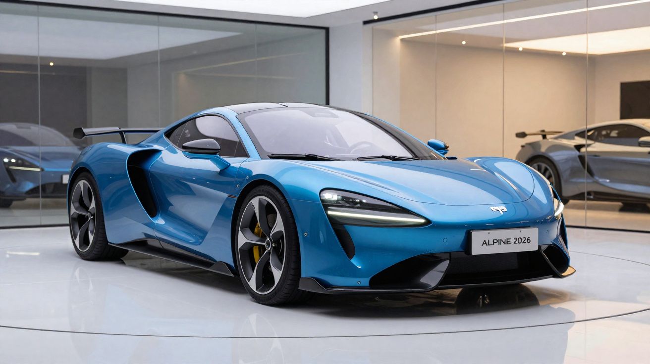 Carro esportivo azul Alpine 2026 exibido em salão moderno com piso branco e paredes de vidro.