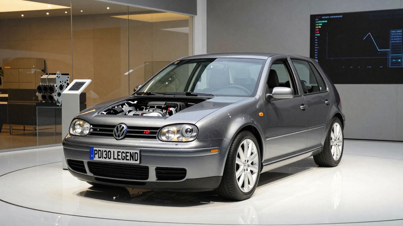 Carro Volkswagen Golf cinza com capô aberto em exposição em ambiente moderno e iluminado.