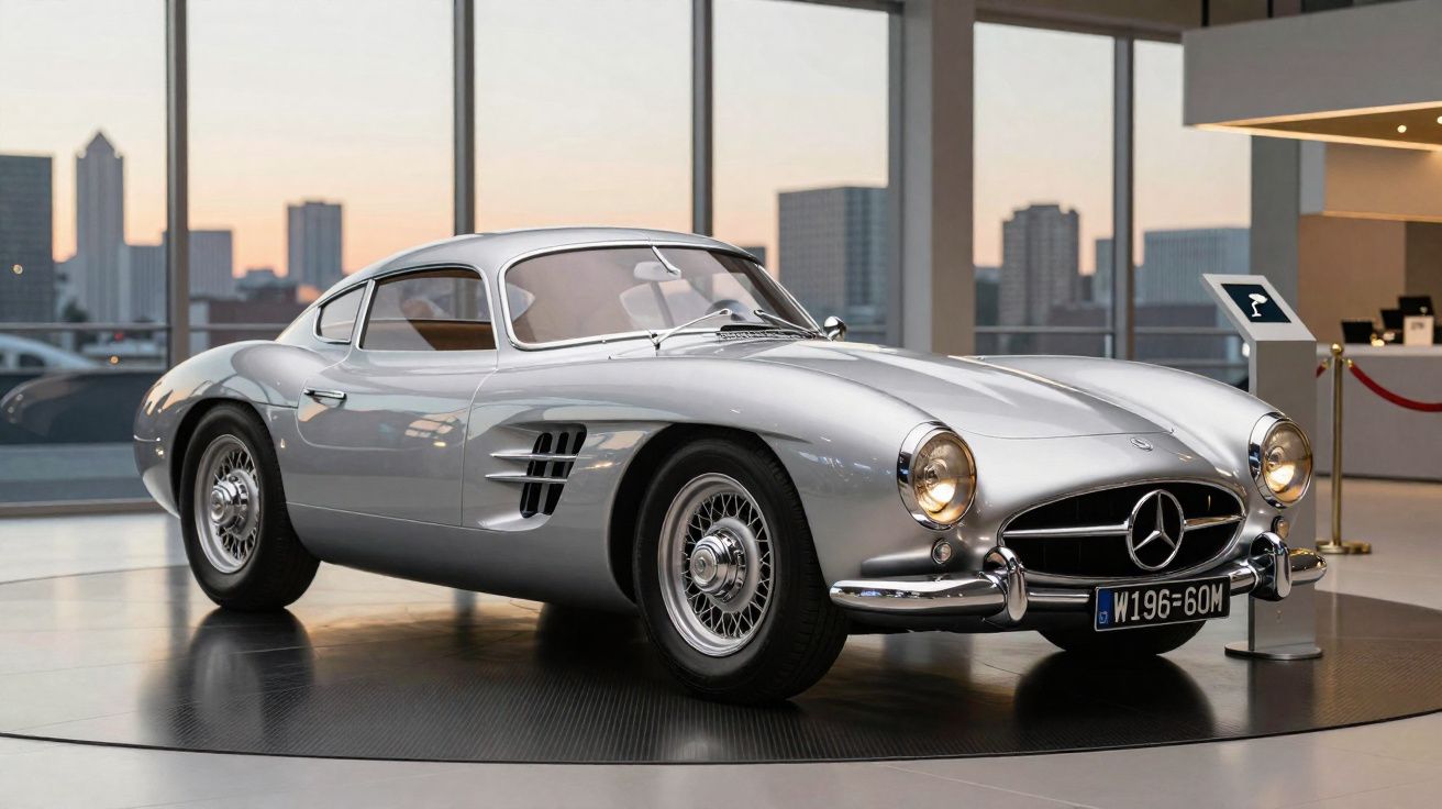 Carro clássico prata modelo Mercedes-Benz 300SL exposto em ambiente moderno com vista para a cidade.