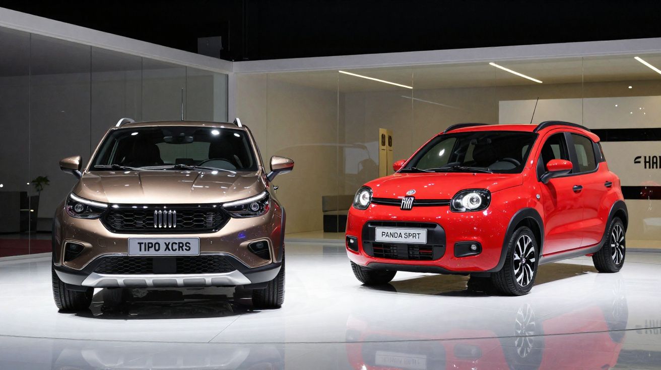 Dois carros Fiat exibidos em showroom, um bronze Tipo XCRS e um vermelho Panda SRT.