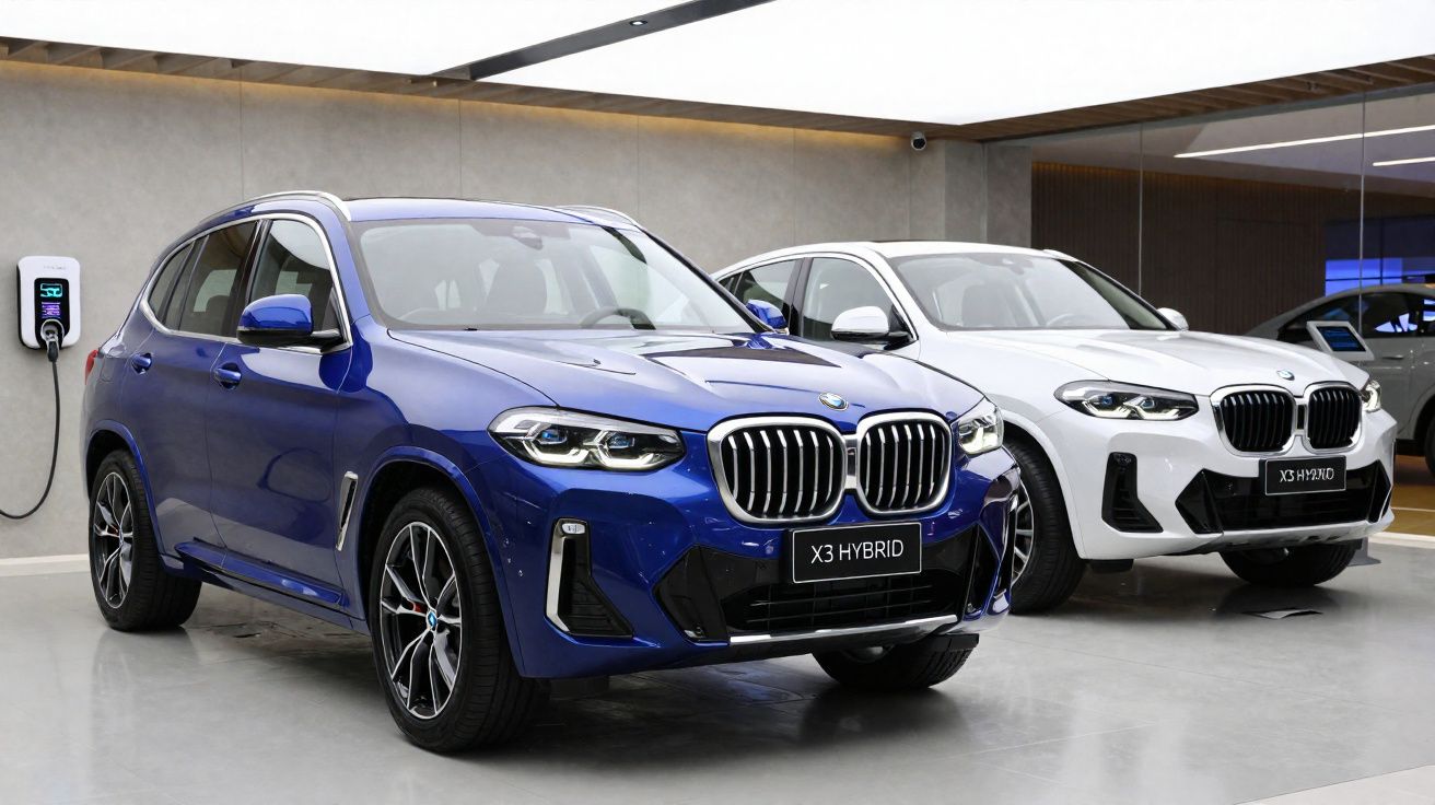 Dois carros BMW X3 Hybrid em azul e branco exibidos em showroom moderno e minimalista.