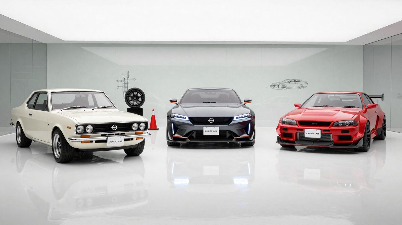 Três carros Nissan clássicos e modernos em exposição em ambiente minimalista com piso branco brilhante.