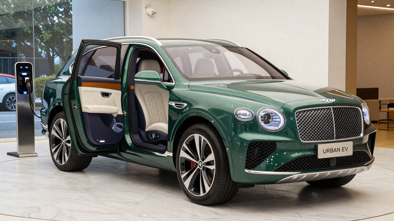 SUV elétrico Bentley Urban EV verde com portas dianteiras abertas em showroom.