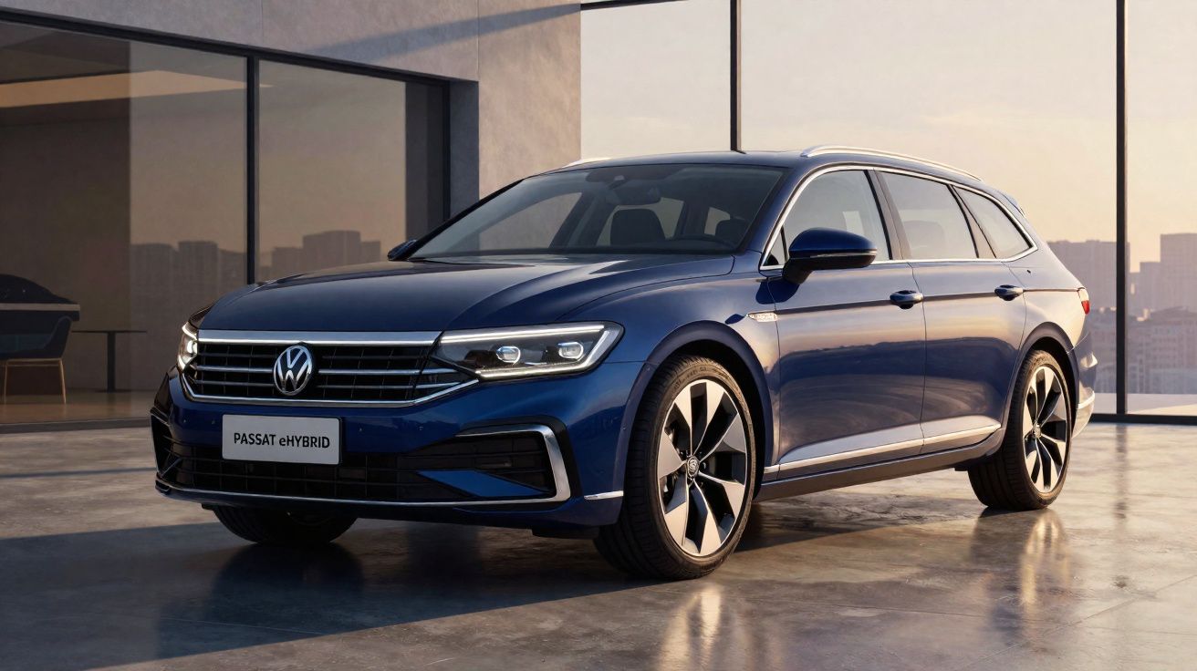 Carro Volkswagen Passat eHybrid azul estacionado em ambiente interno com vidros amplos e vista urbana ao fundo.