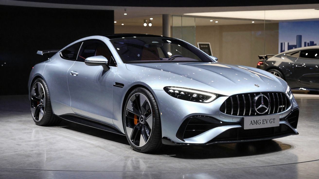 Carro esportivo Mercedes-AMG EV GT prata exibido em salão automotivo com design moderno e aerodinâmico.