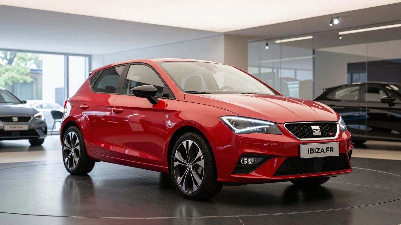 Carro vermelho Seat Ibiza FR estacionado em showroom moderno com design esportivo e rodas aro 17.