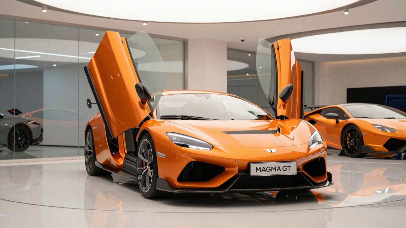 Carro esportivo laranja Magma GT com portas abertas para cima em showroom moderno e iluminação circular.