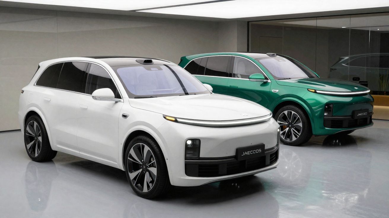 Dois carros elétricos SUV modernos, um branco e um verde, em ambiente interno com piso reflexivo.