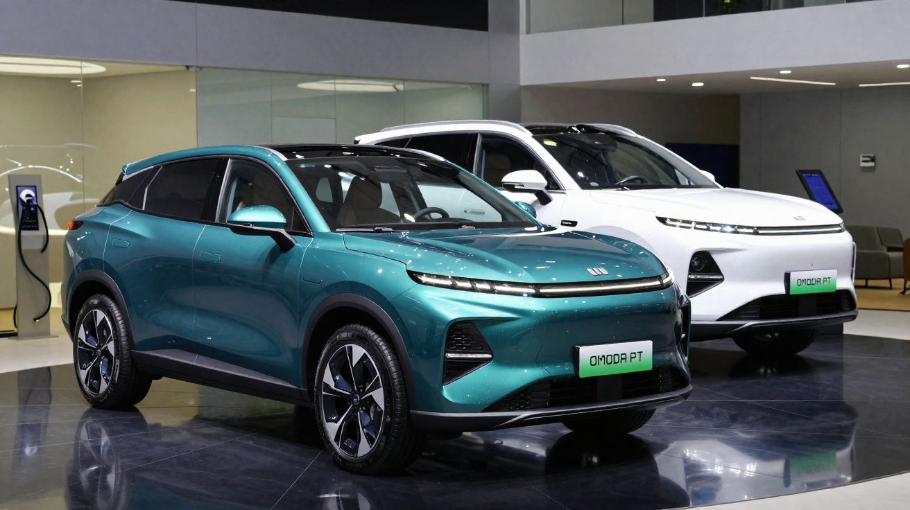 Dois carros elétricos SUV Omoda PT expostos em salão automotivo, um verde e outro branco.