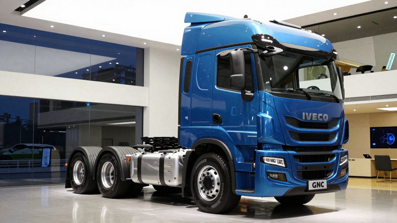 Caminhão Iveco azul exposto em showroom moderno com piso refletor e ambiente claro.