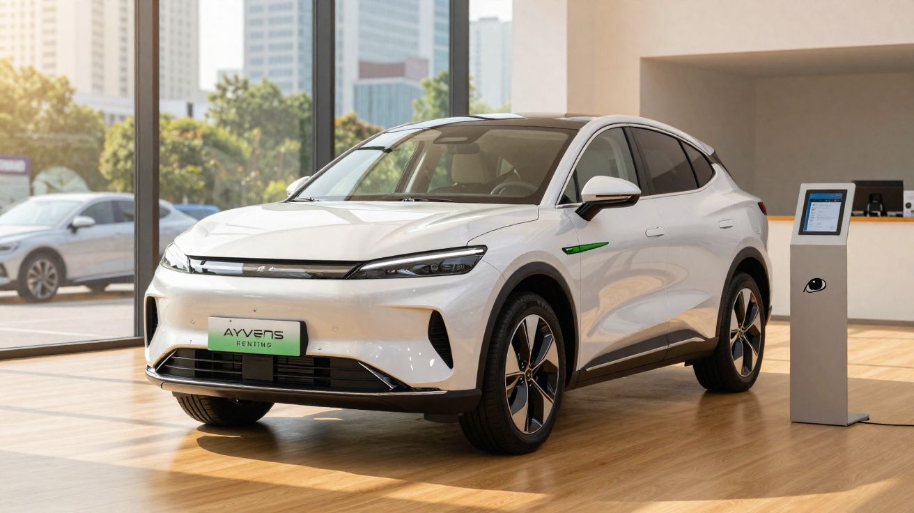 Carro elétrico branco estacionado em showroom moderno com telas ao lado e prédios ao fundo.