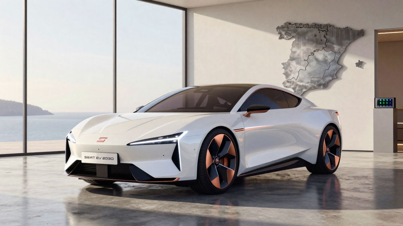 Carro elétrico branco Seat EV 2030 em sala moderna com janela ampla e mapa da Espanha na parede.