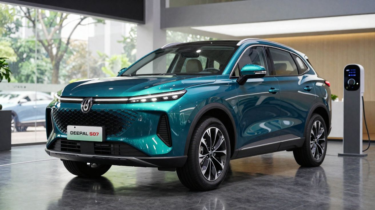 SUV elétrico verde metálico Deepal S07 em exposição, com estação de carregamento ao lado, em ambiente interno.