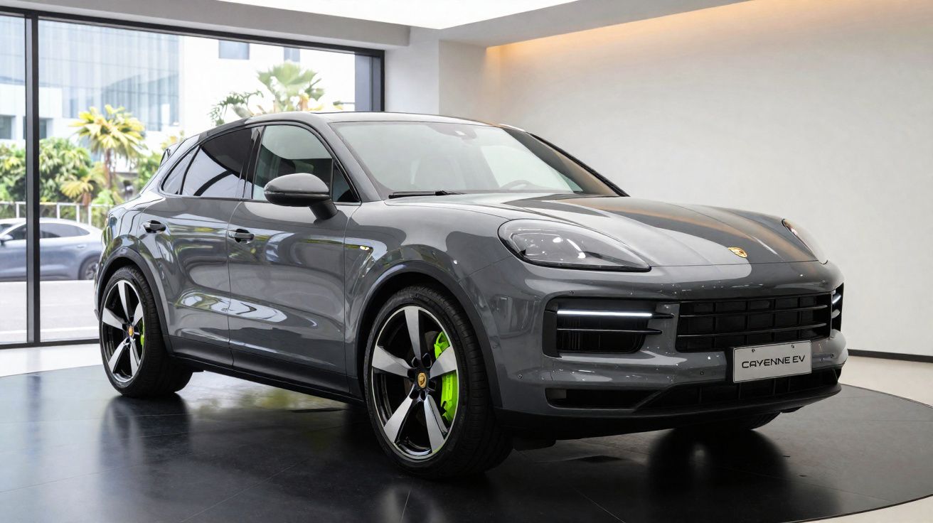 SUV Porsche Cayenne EV cinza em exposição em ambiente interno moderno com janelas ao fundo.