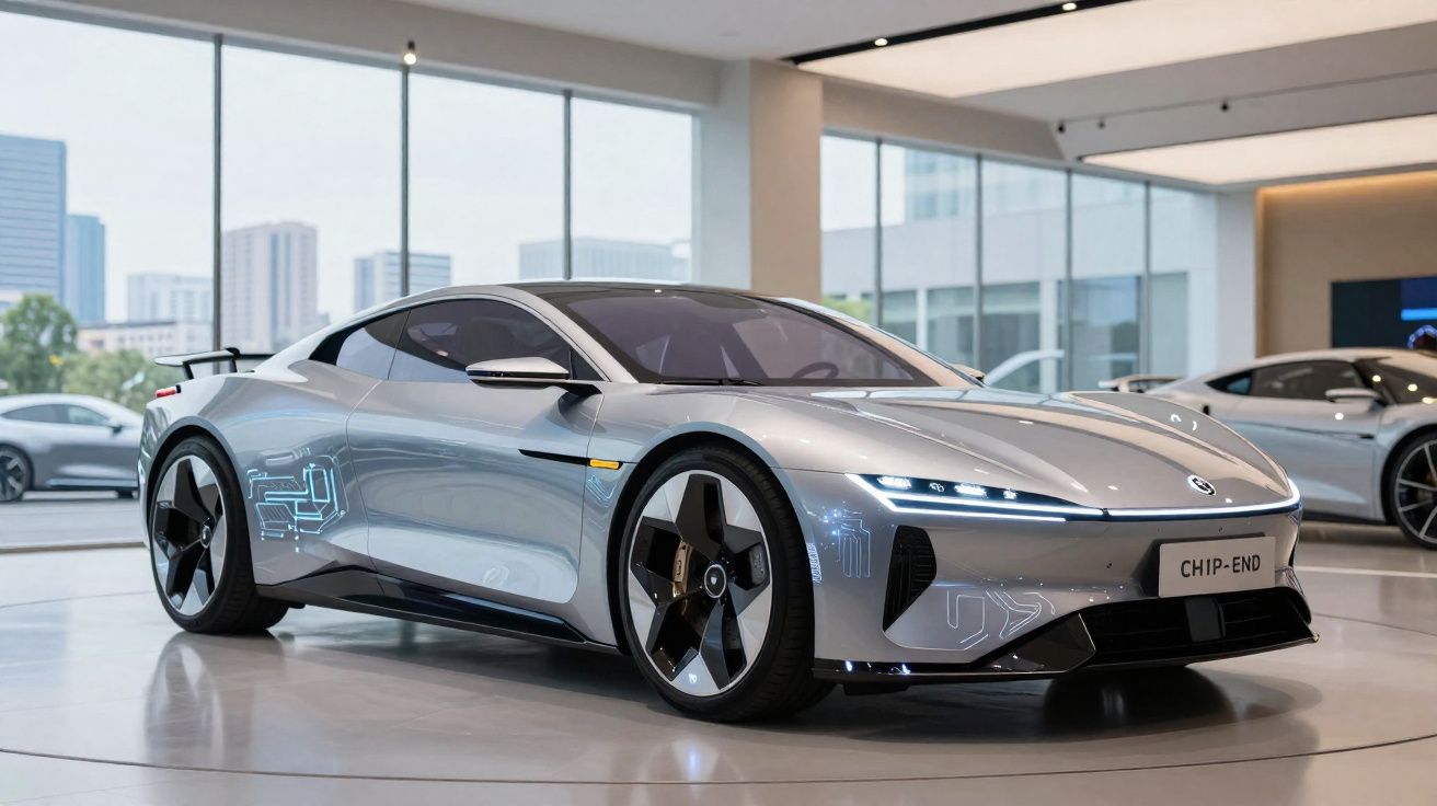 Carro esportivo elétrico cinza metálico com design futurista em showroom moderno e iluminado.