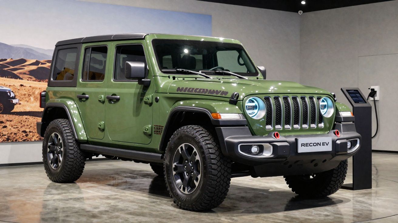 Jeep verde militar modelo Recon EV em exposição interna com rodas grandes para off-road.