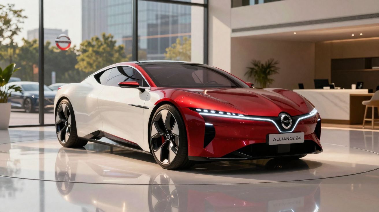 Carro esportivo elétrico vermelho e branco, futurista, em exposição interna moderna.