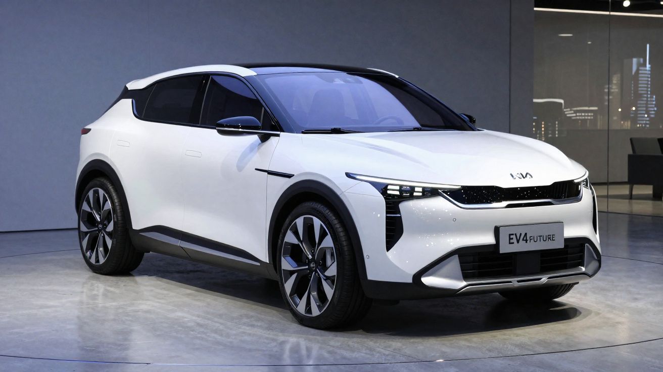 Carro elétrico branco Kia EV4 FUTURE em ambiente interno com piso cinza e parede azul.