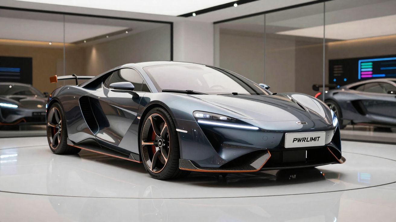 Carro esportivo cinza metálico exibido em showroom com piso branco e paredes espelhadas.