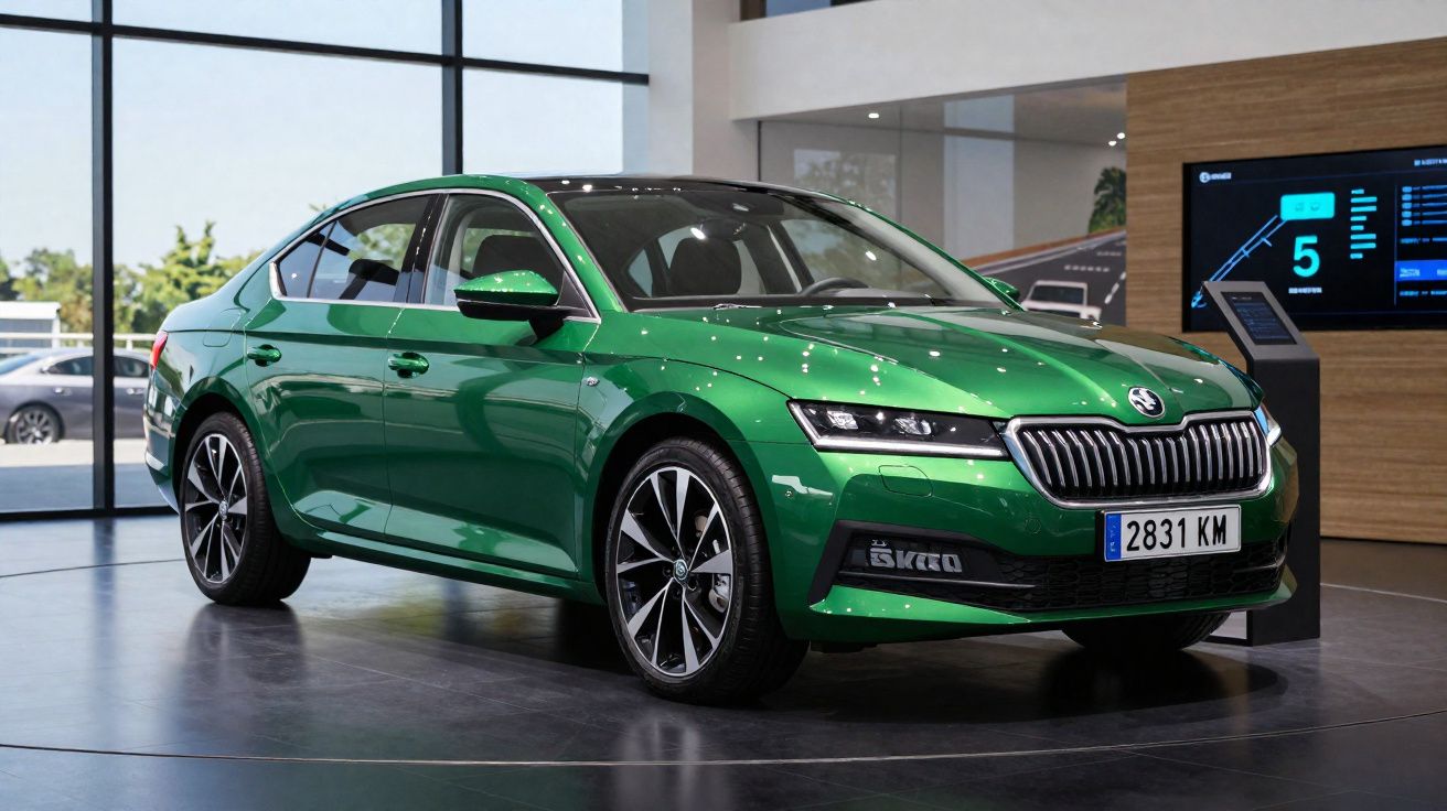 Carro sedan verde metálico da marca Škoda exibido em showroom moderno com piso escuro e paredes de vidro.