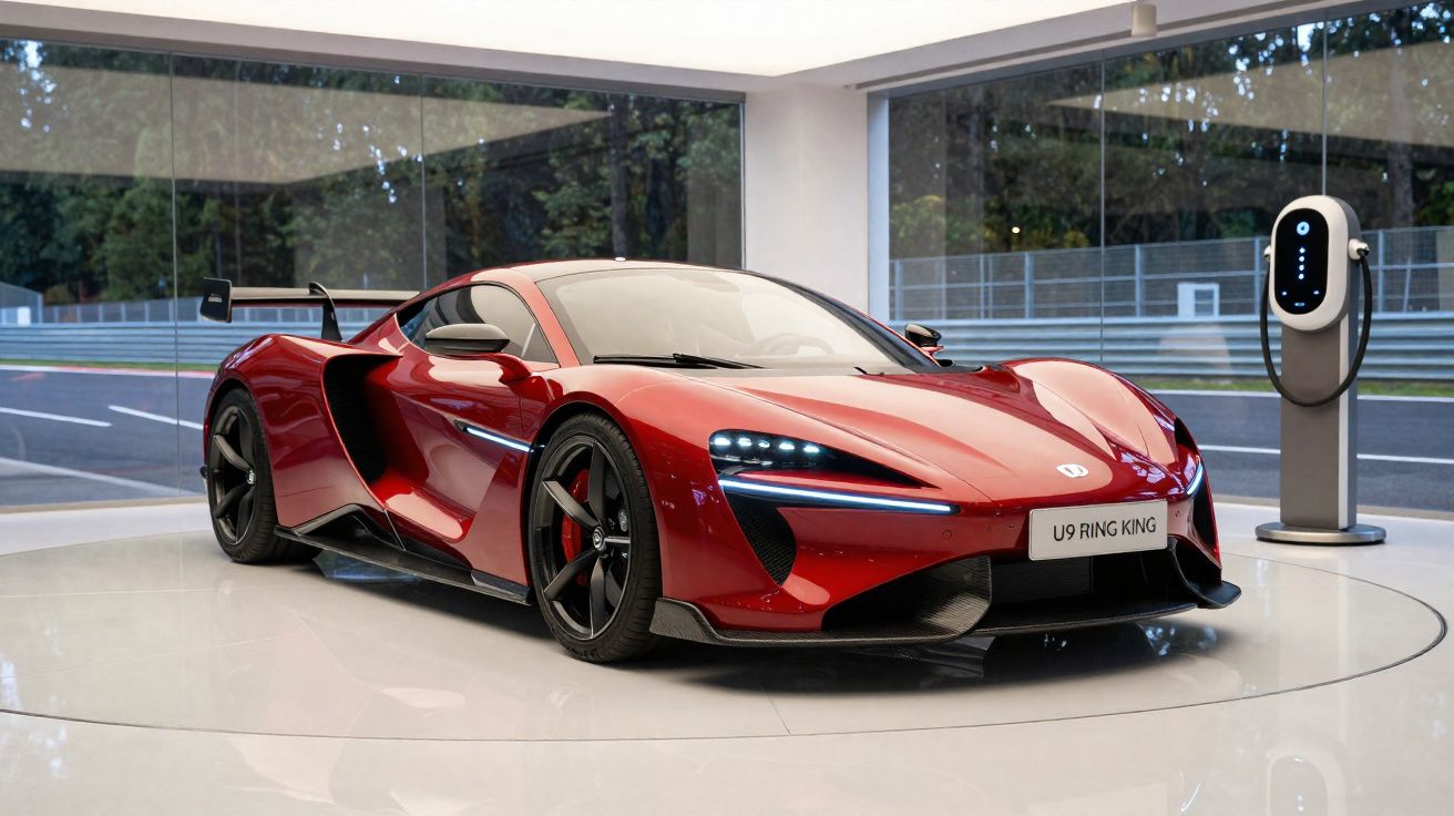 Carro esportivo vermelho elétrico estacionado em showroom moderno ao lado de carregador veicular.