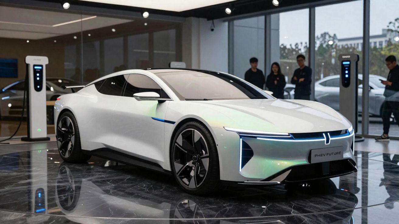 Carro elétrico branco futurista em exposição, com design aerodinâmico e rodas pretas grandes, em ambiente interno.