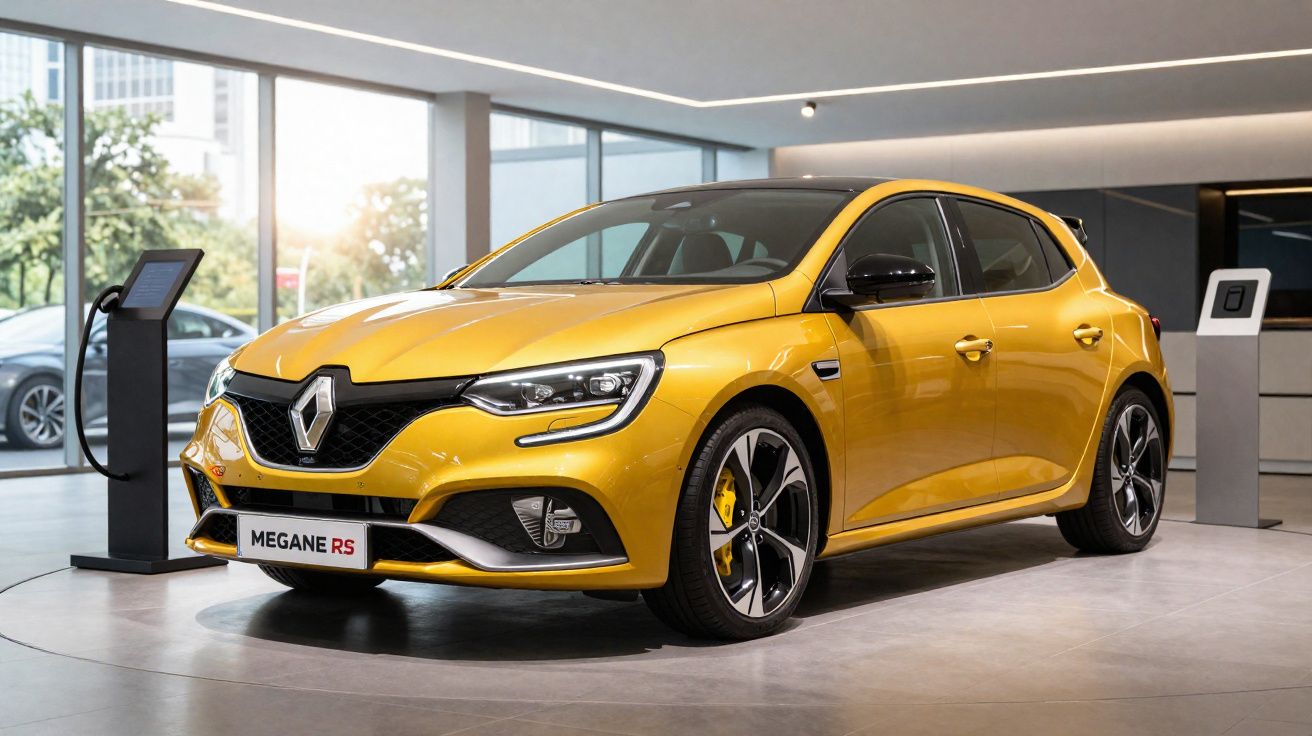 Carro esportivo Renault Megane RS amarelo em showroom moderno com piso cinza.