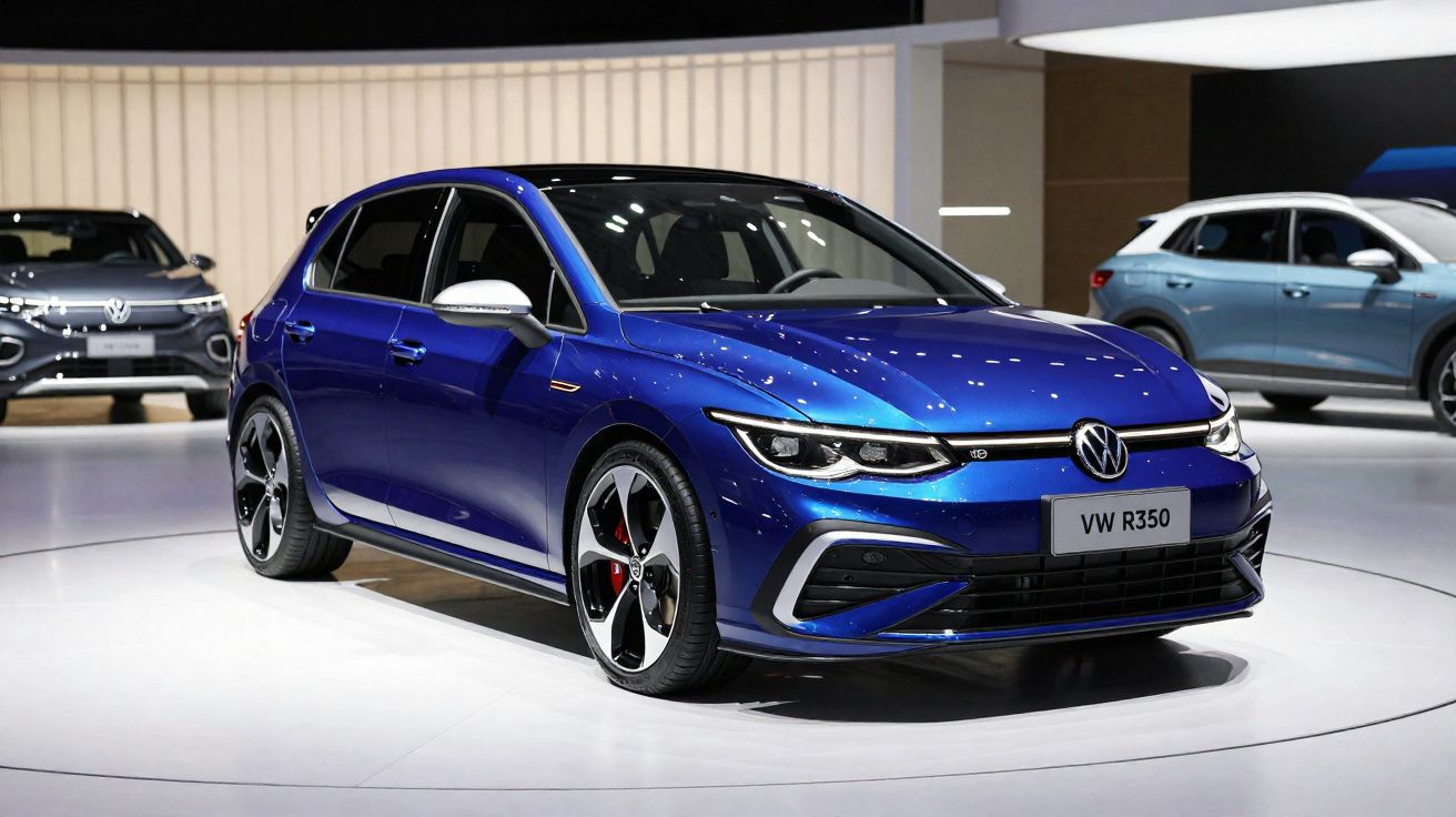 Carro hatchback Volkswagen VW R350 azul em exposição interna com outros veículos ao fundo.