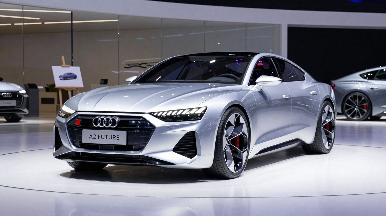 Carro Audi A2 Future prata em exposição, com design moderno e rodas esportivas pretas e vermelhas.