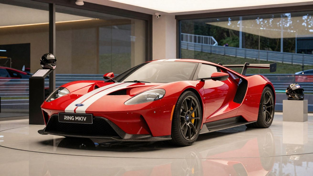 Carro esportivo vermelho Ford GT MKIV exibido em showroom com faixa branca e capacetes ao lado.
