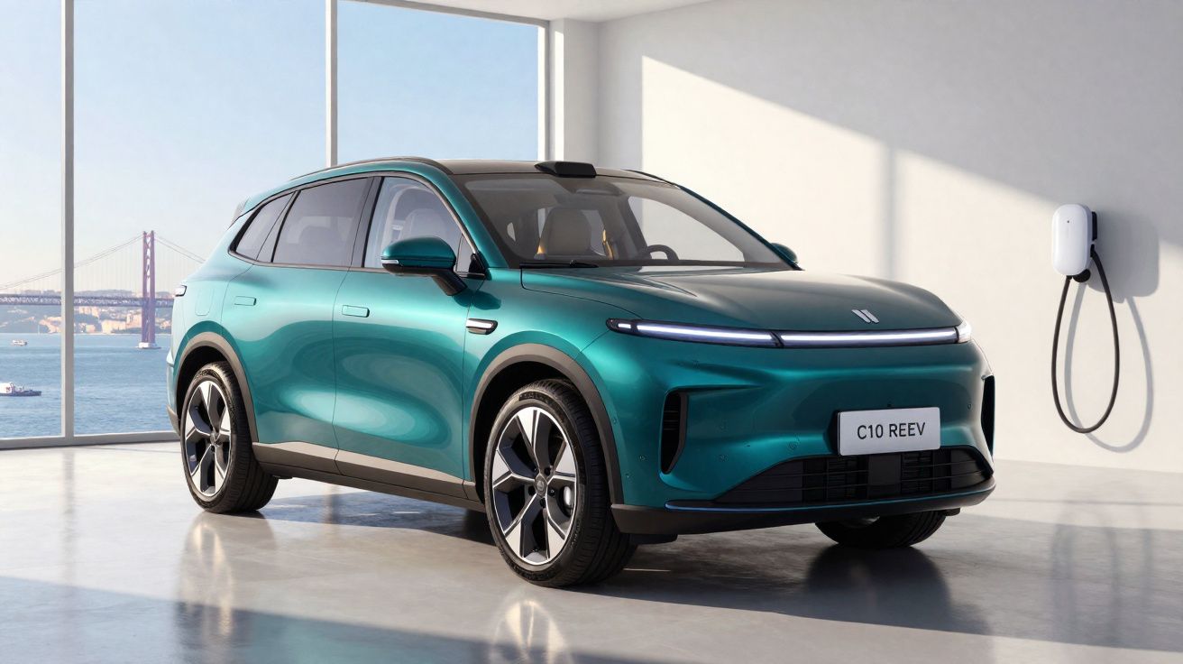 Carro elétrico SUV verde em garagem clara com parede branca e estação de carregamento ao lado.