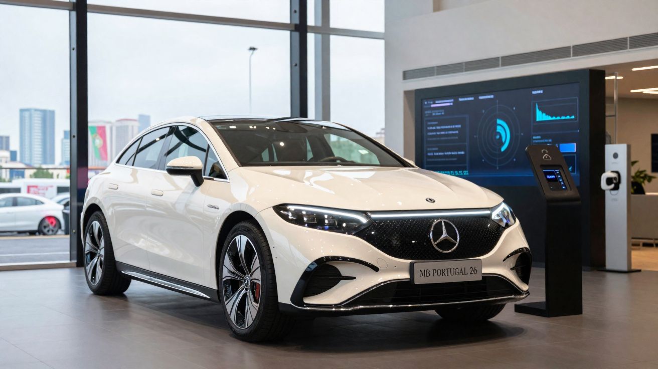 Carro elétrico Mercedes-Benz branco estacionado em showroom moderno com telão digital ao fundo.