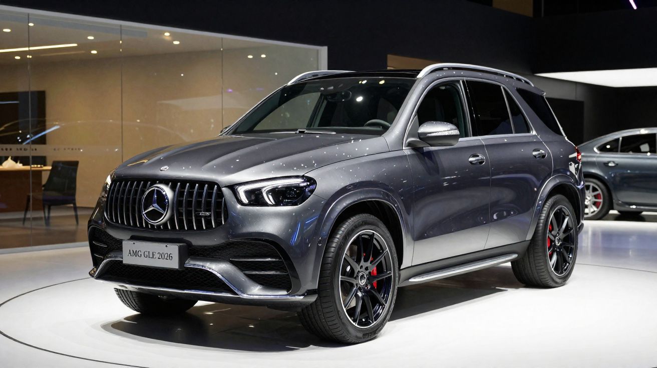SUV Mercedes-AMG GLE 2026 cinza escuro exibido em plataforma branca sob iluminação interna.